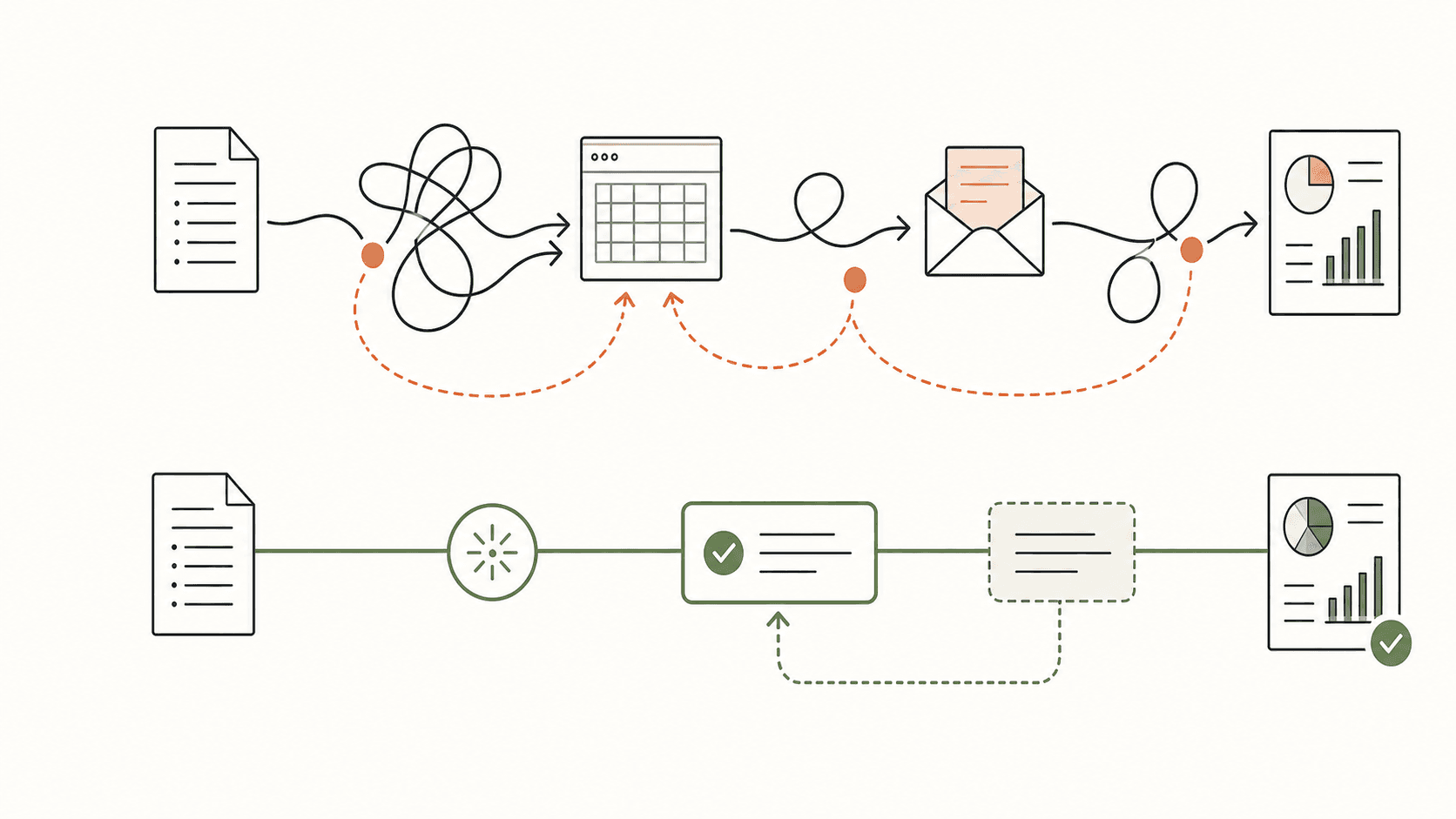 A tangled manual workflow becoming a controlled automated process with review and exception handling.