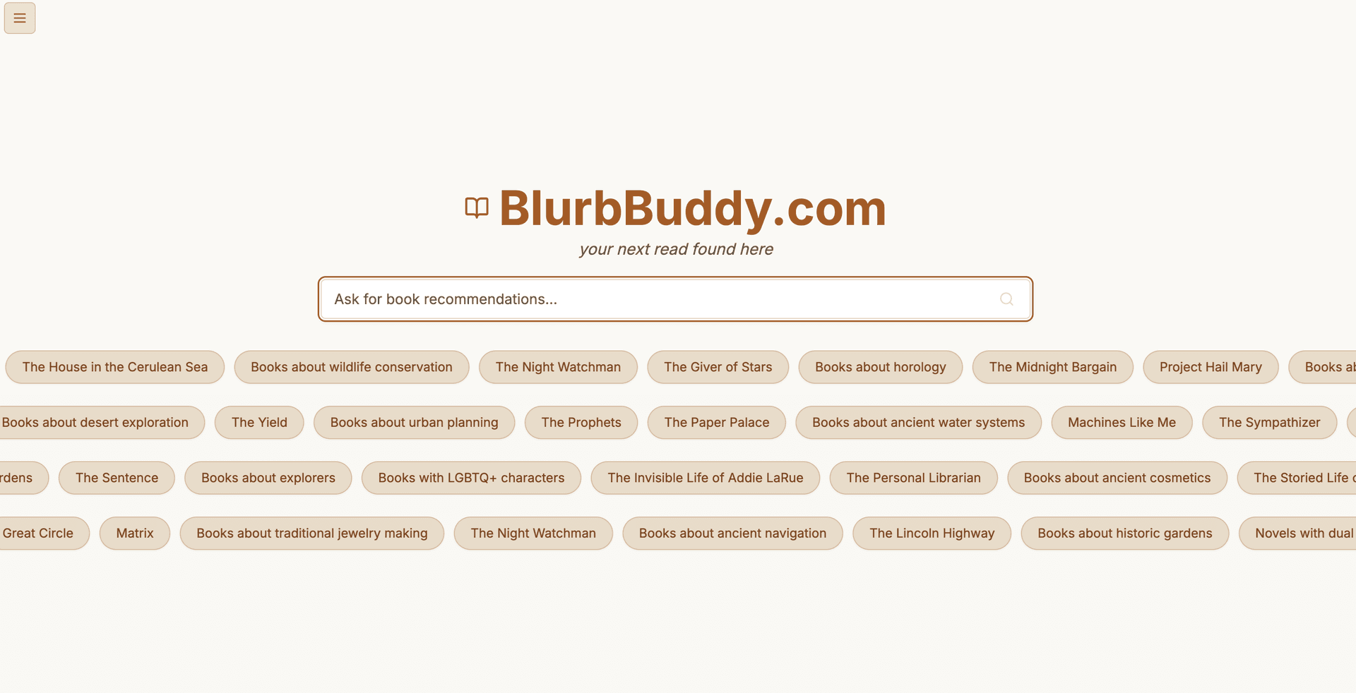 BlurbBuddy interface showing AI-powered book recommendations and reading suggestions