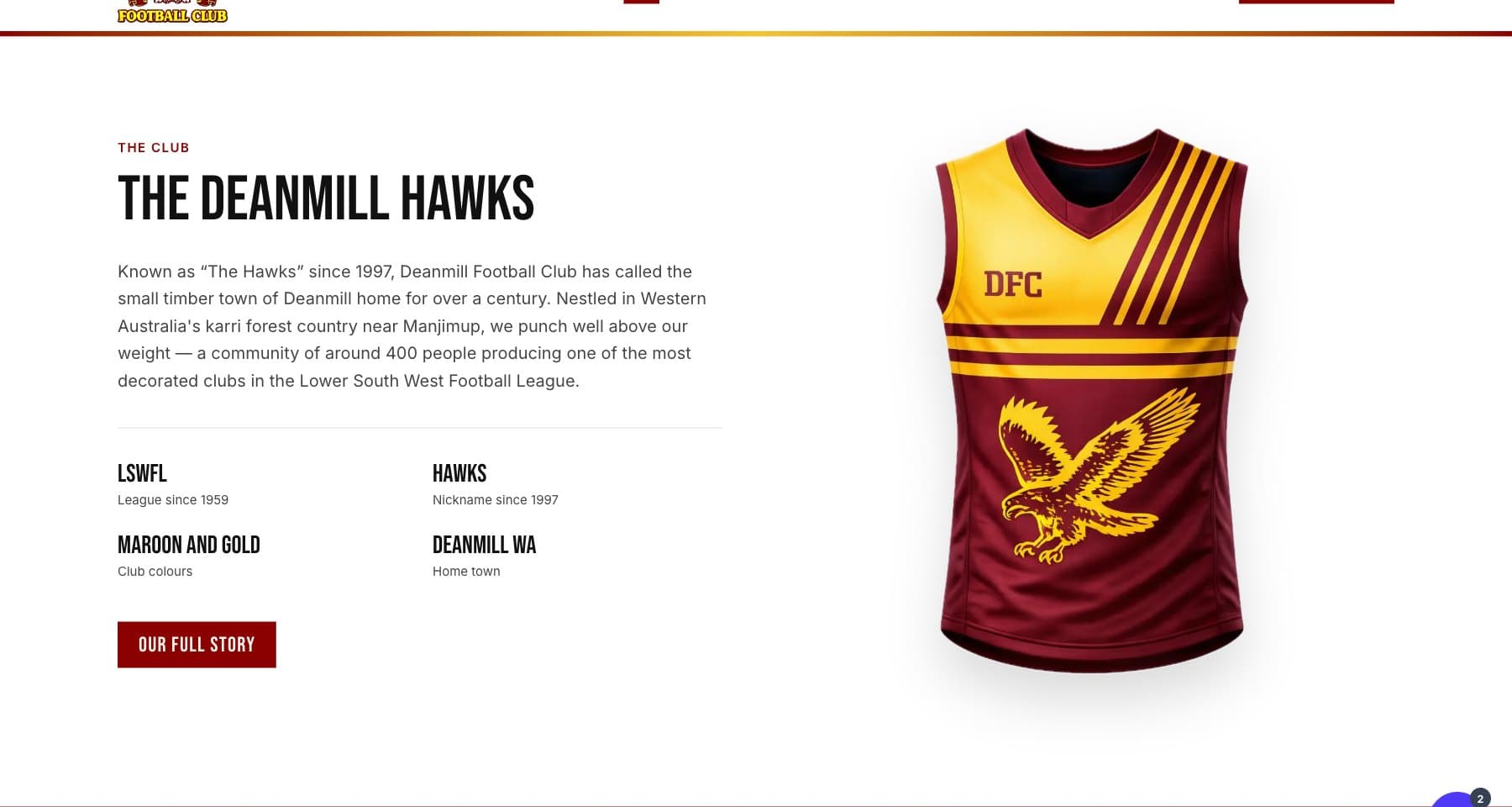 Deanmill FC club story section showing the team history and playing guernsey
