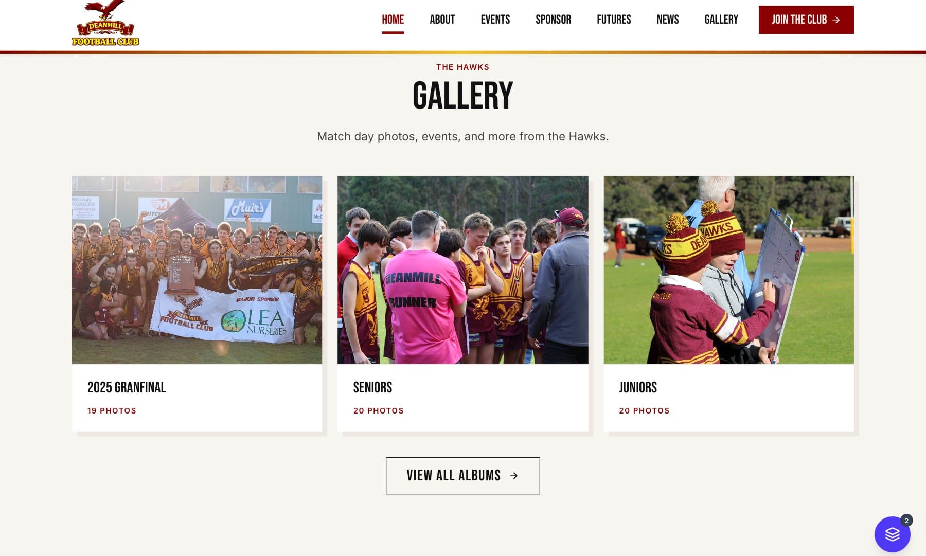 Deanmill FC gallery section showing match-day photo collections