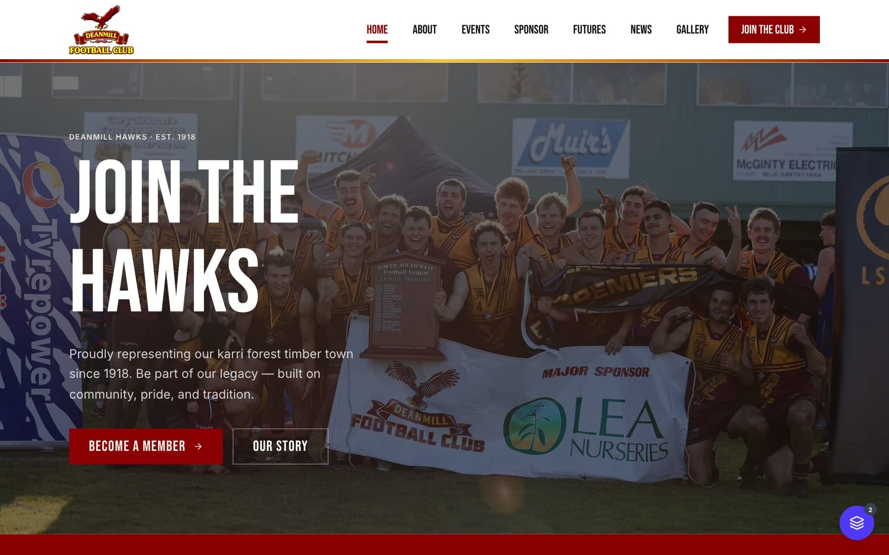 Deanmill FC public homepage showing the Join the Hawks hero