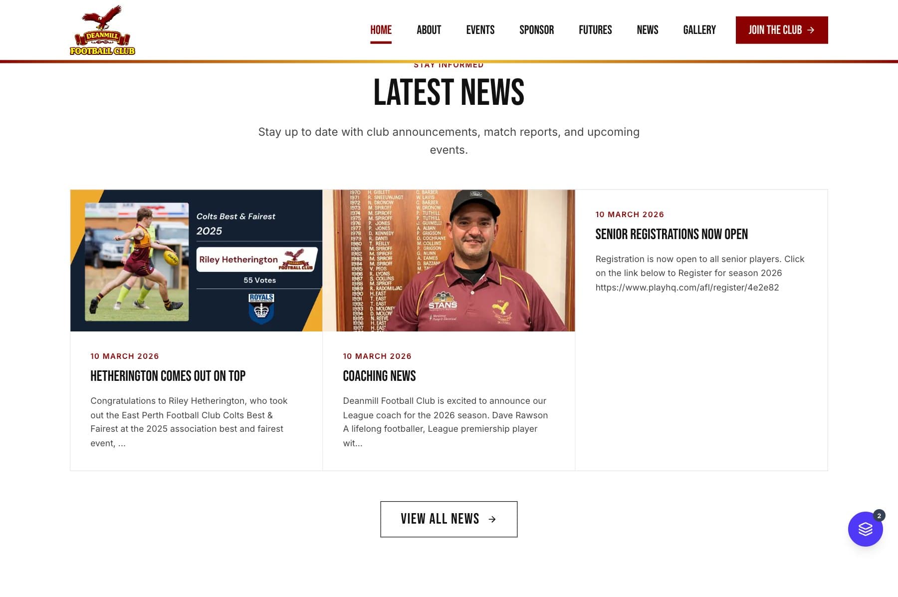 Deanmill FC latest news section showing recent club announcements