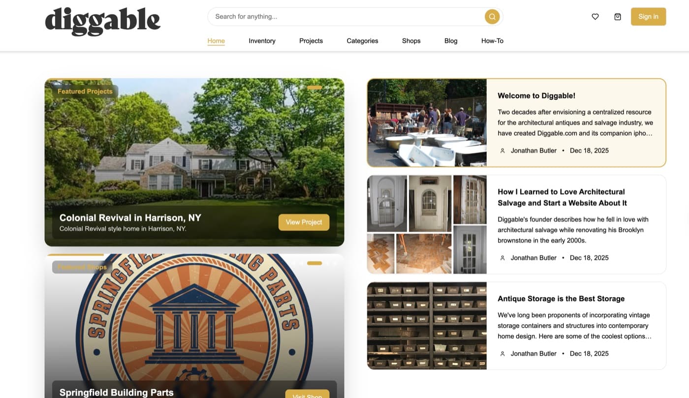 Diggable marketplace interface showing architectural salvage listings with search and browsing controls