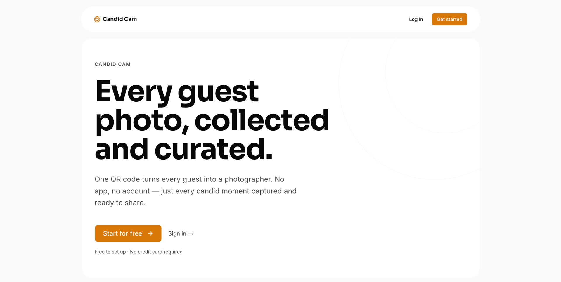 Event-Cam public product homepage showing the guest photo collection landing page