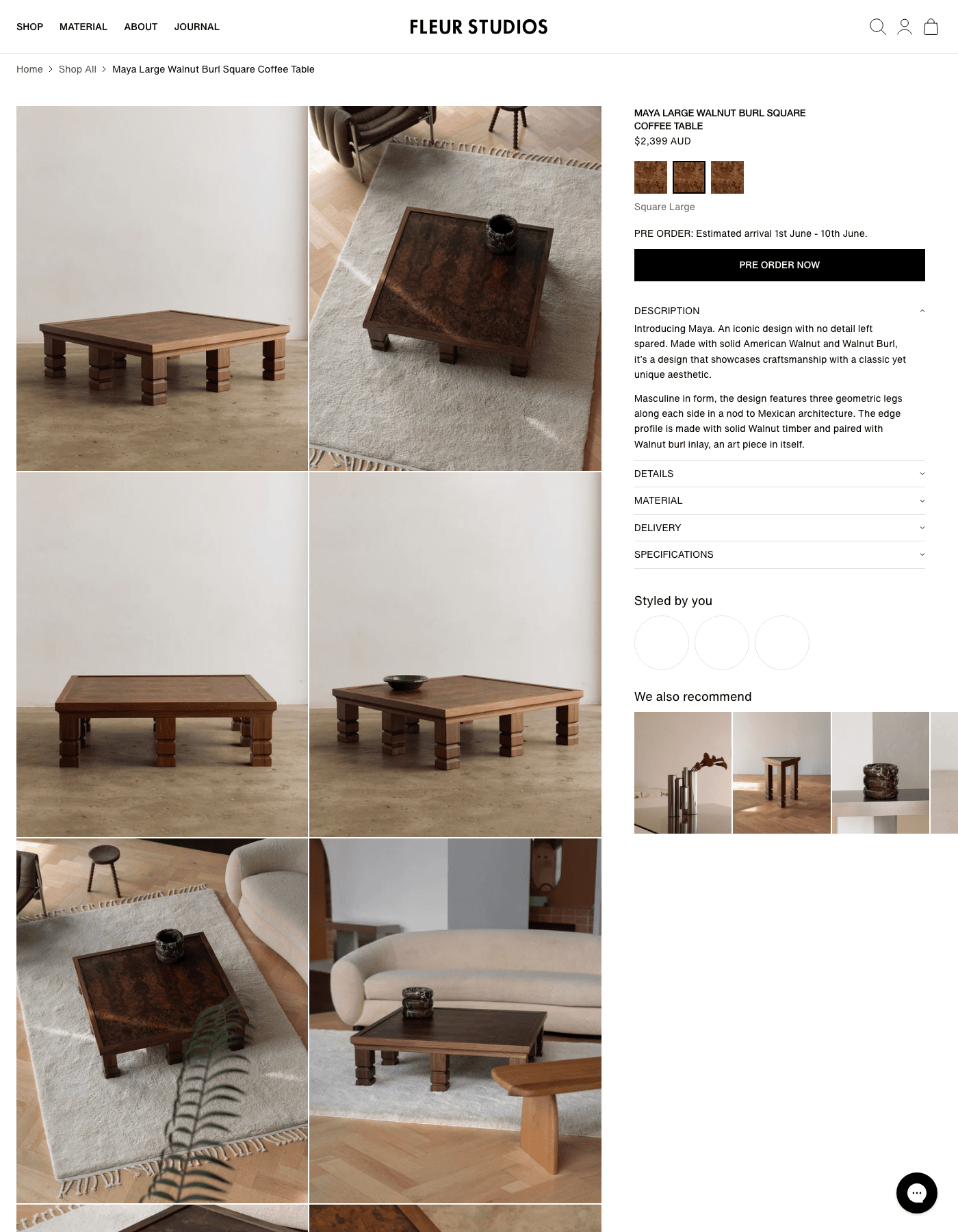 Fleur Studios public product page showing preorder messaging for a retail item