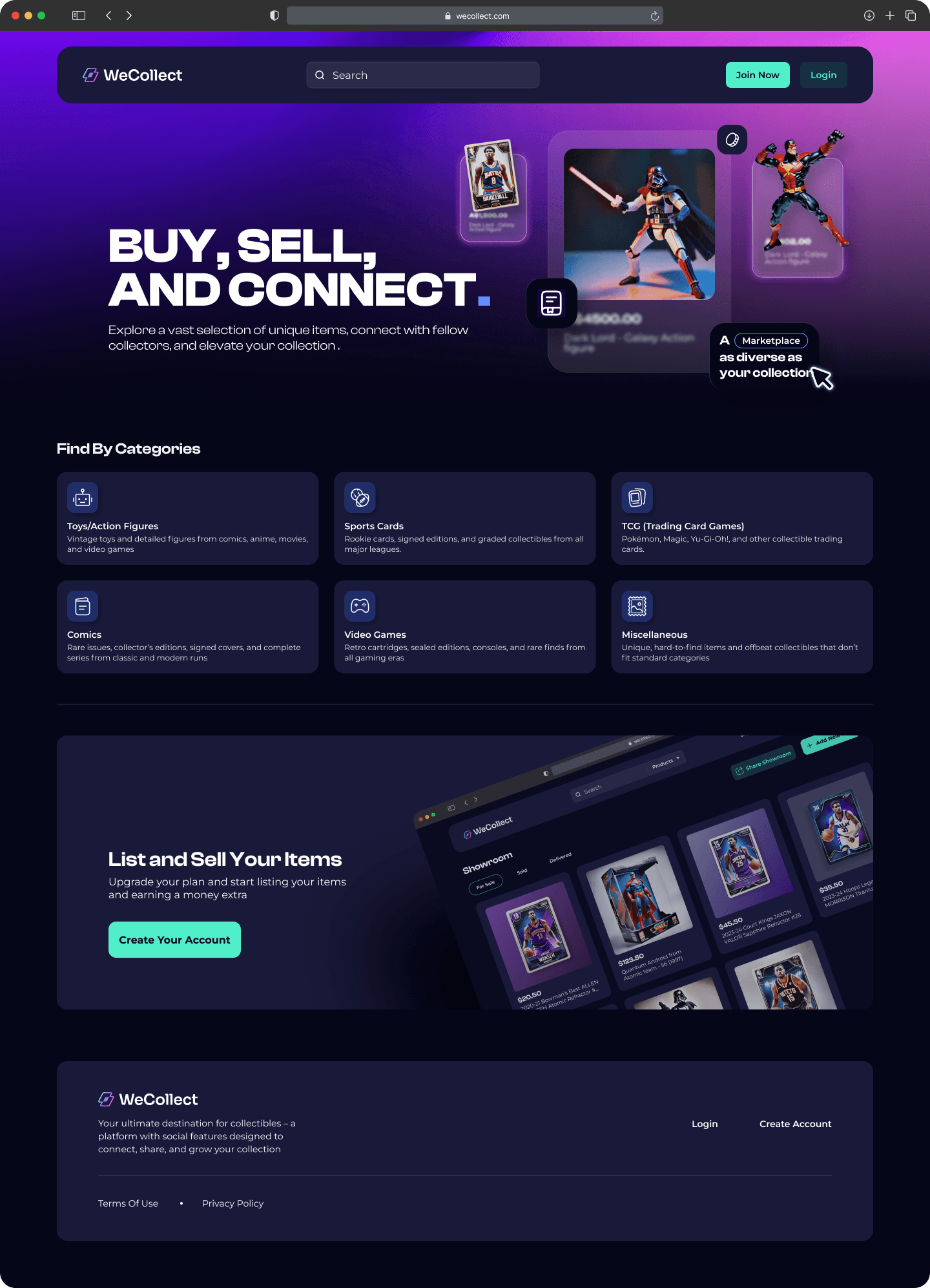 WeCollect public marketplace homepage showing category cards and collectible product examples